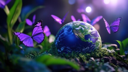 Vivid purple butterflies dancing around Earth nestled in greenery