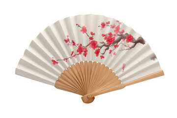 A decorative hand-held fan.  Cream-colored paper fan, intricate cherry blossom design in pink and muted gray.  Natural wood ribs.  Elegant, Asian-inspired