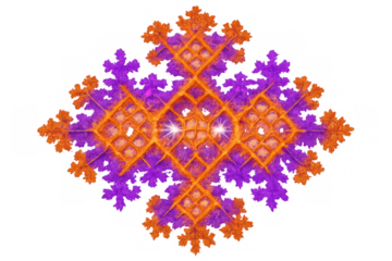 Intricate fractal design with glowing center and transparent background, blending orange and purple hues