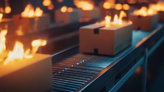 Burning Cardboard Boxes on a Metal Conveyor Belt with Orange Flames in a Factory Setting