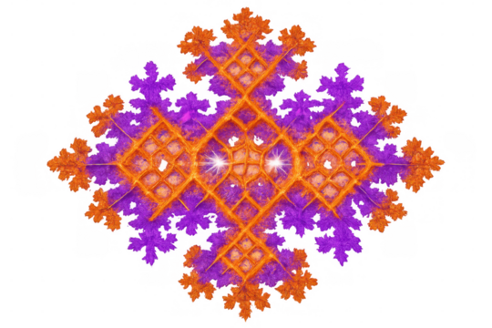 Intricate fractal design with glowing center and transparent background, blending orange and purple hues