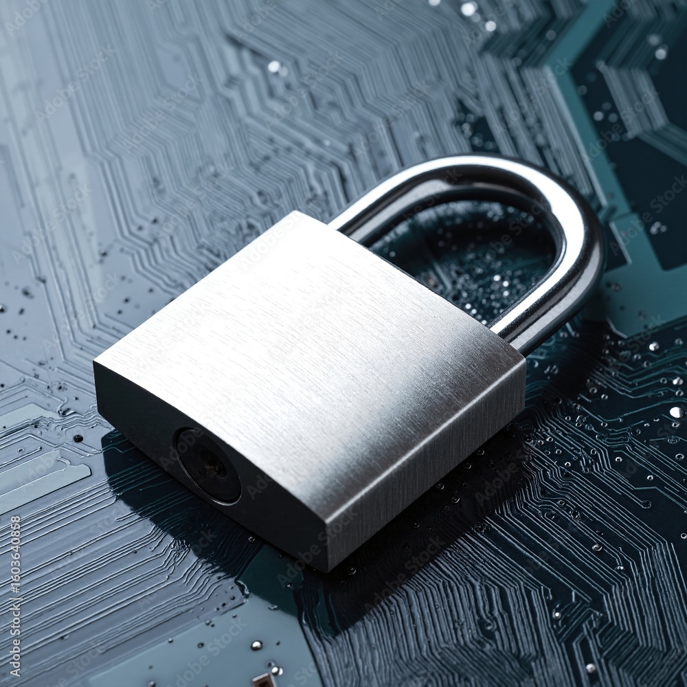 Poster a shiny padlock rests atop a complex electronic circuit board, showcasing intricate pathways and com