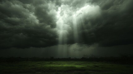 Dramatic sky with sunlight piercing dark clouds over a grassy plain