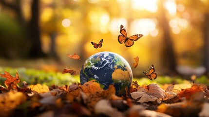 Warm autumn leaves and butterflies surrounding Earth on a yellow, sunlit background