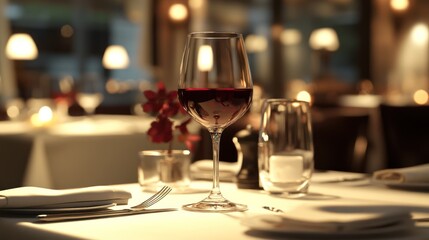 Obraz premium Red Wine in Restaurant Setting, Elegant Table