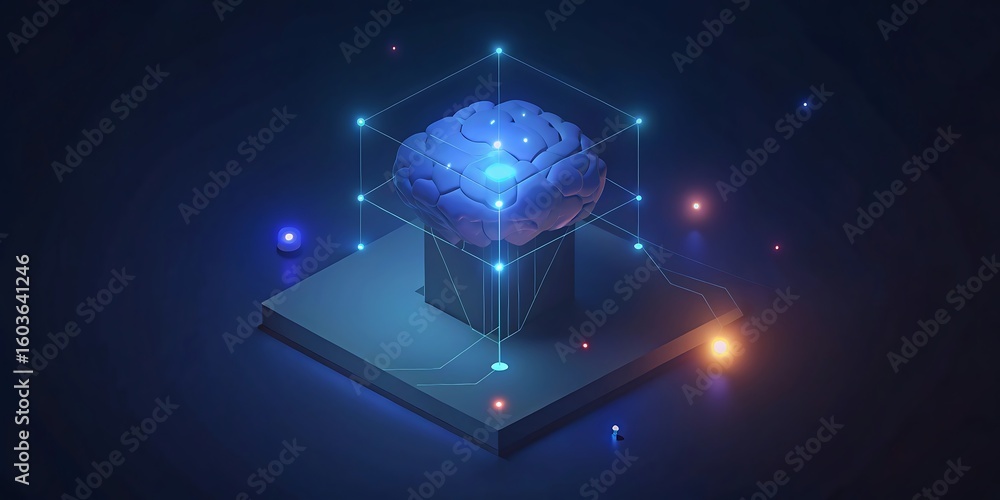 Poster abstract glowing blue brain symbolizing artificial intelligence and neural network technology.
