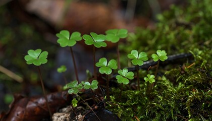 Obraz premium Close-up of small clover plants in forest floor