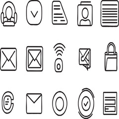 A collection of fifteen distinct black outline icons arranged on a white background in a grid format