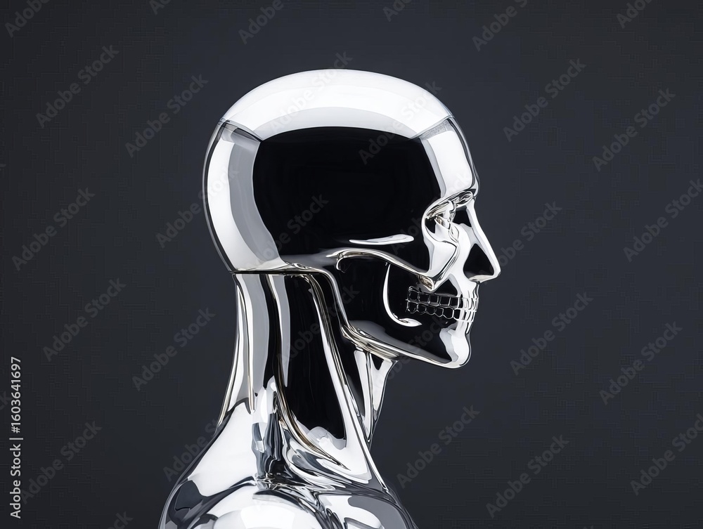 Poster a shiny metallic skull model showcasing advanced design features.