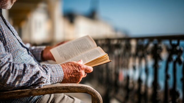 Elderly man reading book on balcony