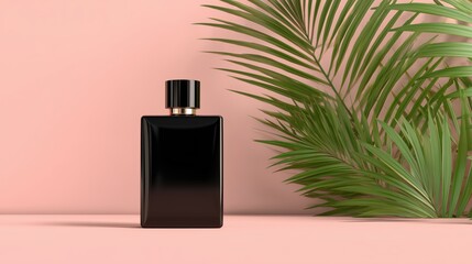 Minimalist Black Square Cosmetic Bottle &ndash; Standing on Pink and Peach Pastel Background with Tropical Green Leaves