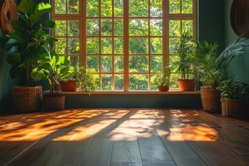 Bright room with large window showcasing greenery and potted plants, creating a serene atmosphere.