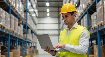 Warehouse Manager Using Laptop, Inventory Management in a Modern Logistics Center