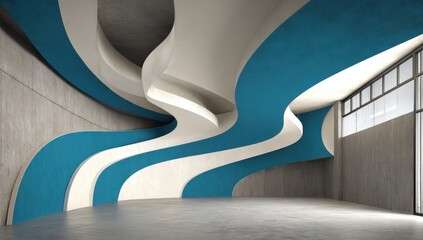 Abstract interior, curved teal & cream panels