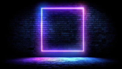 Neon square frame against dark brick wall