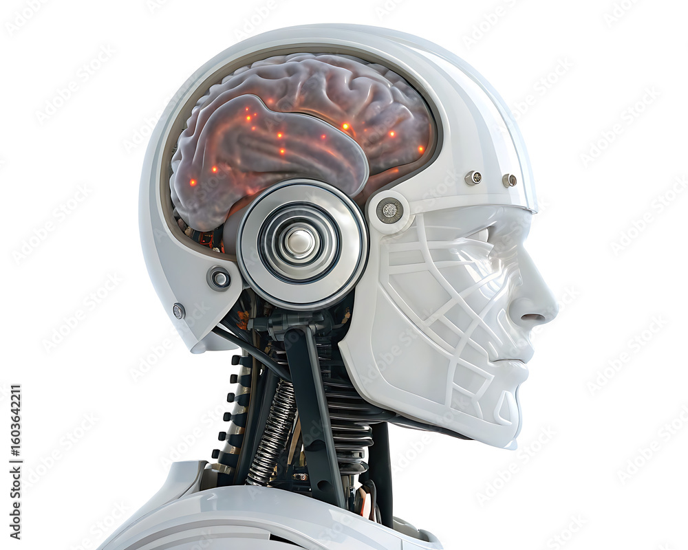 Poster robot head with visible brain and internal mechanisms isolated on a white background in profile view
