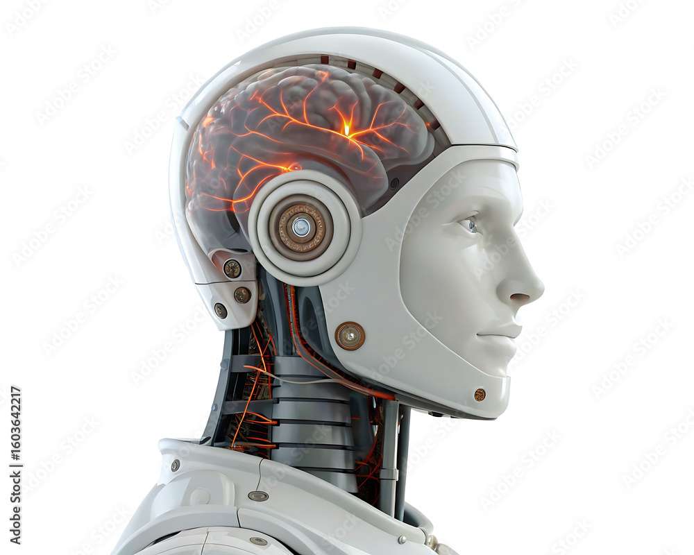 Poster side view of a humanoid robot with visible brain and internal mechanisms on a white background studi