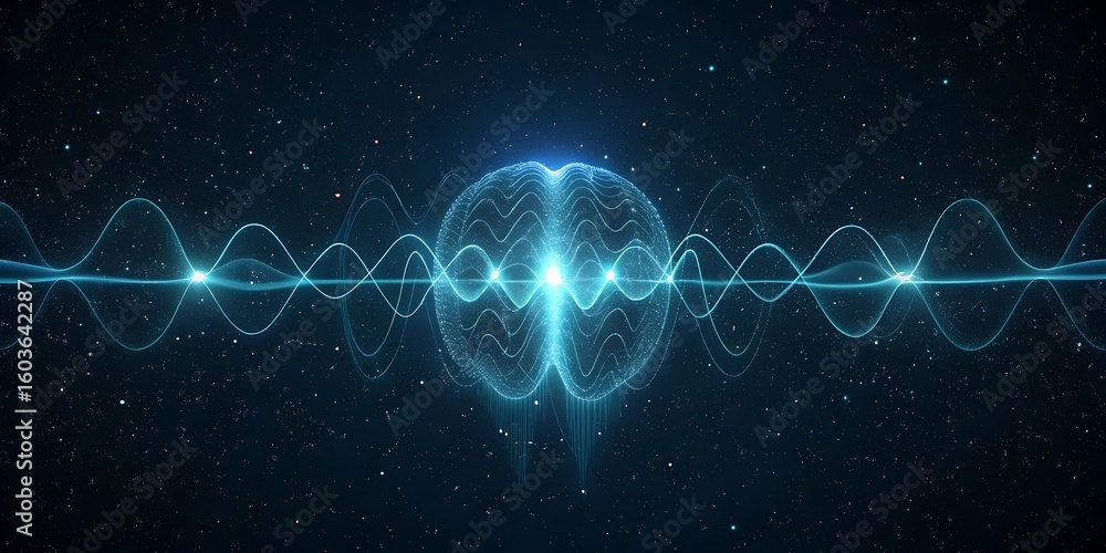 Poster digital brain as a constellation of lights with blue waveforms symbolizing data flow and research.