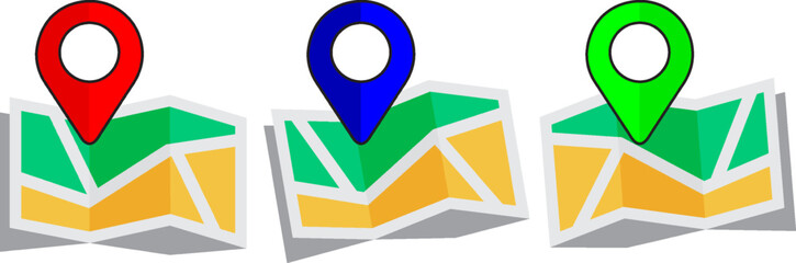 Vector illustration of three colorful map icons with red, blue, and green location pins. Ideal for GPS, navigation, maps, travel apps, or geolocation services.
