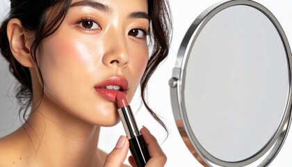 口紅を塗る女性：メイクアップ