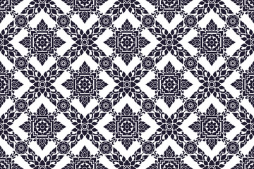 Traditional Thai art seamless bold floral arabesque pattern dark blue colored in damask style motif suitable for wallpaper, cloth, textile, curtain and fabric design isolated over white background.