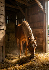 Horse in a rustic barn stall
