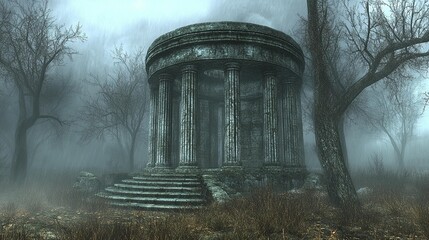 Fog-shrouded, ancient stone rotunda in a misty forest