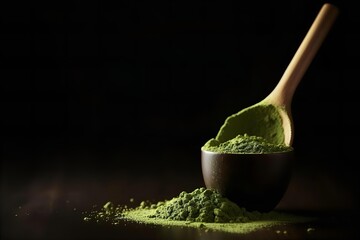Matcha Powder Still Life: Close-Up of Green Tea in Wooden Bowl with Spoon on Dark Background for Food Bloggers & Healthy Lifestyle Content