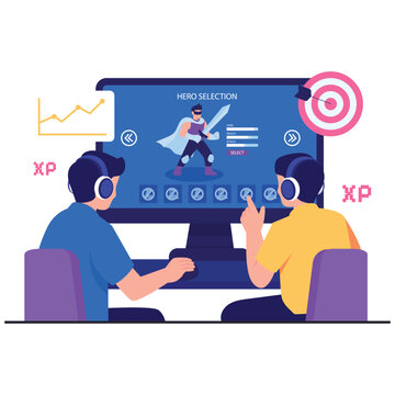 Fototapeta E-sport Activity Illustration. Vector illustration of Two male players choosing characters for a strategy game while discussing hero stats on screen. Isolated on background