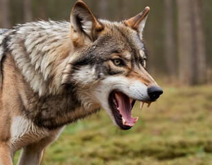 Obraz premium Portrait of a furious gray wolf. An angry wolf is roaring in the forest. Digital art. A wild animal.