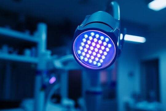 Close up of glowing LED curing light in a sterile clinical setting no human no labelling no logo