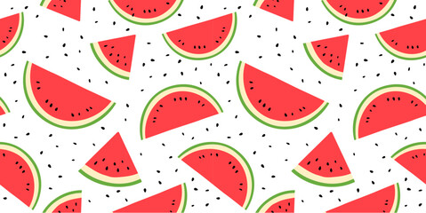 Watermelons slices and seeds seamless pattern summer background.