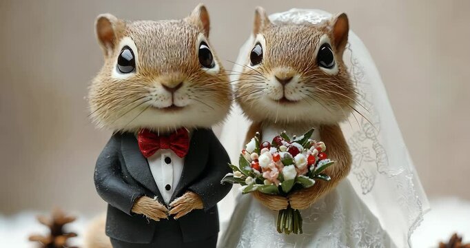 Close-up static shot of adorable chipmunk figurines dressed as bride and groom.