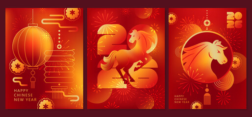 Chinese New Year  vector cards. 2026 year of the Horse. Lunar new year concept. Geometric modern design with abstract forms, gradients, horse, lantrerns, fireworks. Design for calendar, cover, flyer.