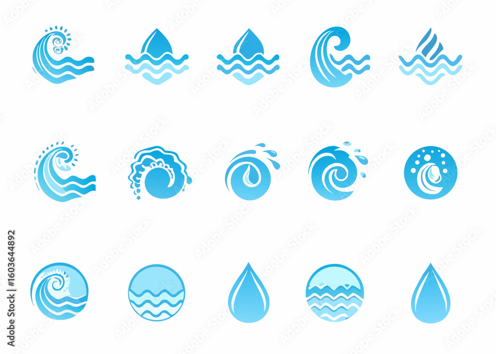 Poster vector collection of blue water themed vector icons featuring waves droplets and splashes in various