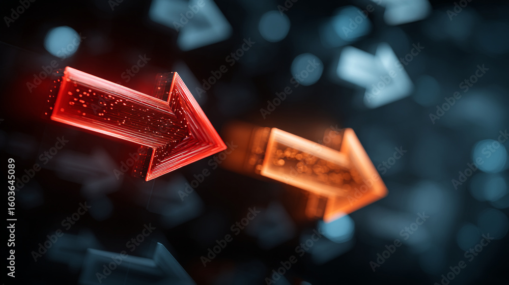Poster illuminated red and orange arrows pointing right against a dark blurred background with bokeh lights