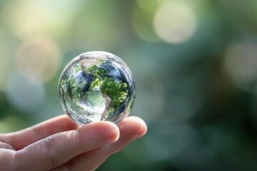 Small, clear glass globe of Earth held in hand, nature backdrop