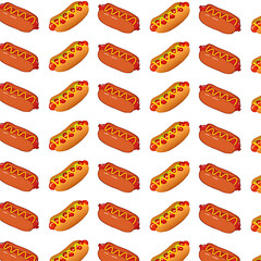 Seamless Hot Dog Pattern with Mustard and Ketchup on White Background – Fun Fast Food Illustration