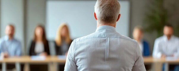 A man is facing a panel of four blurred interviewers in a professional setting, likely participating in a job interview or presentation.