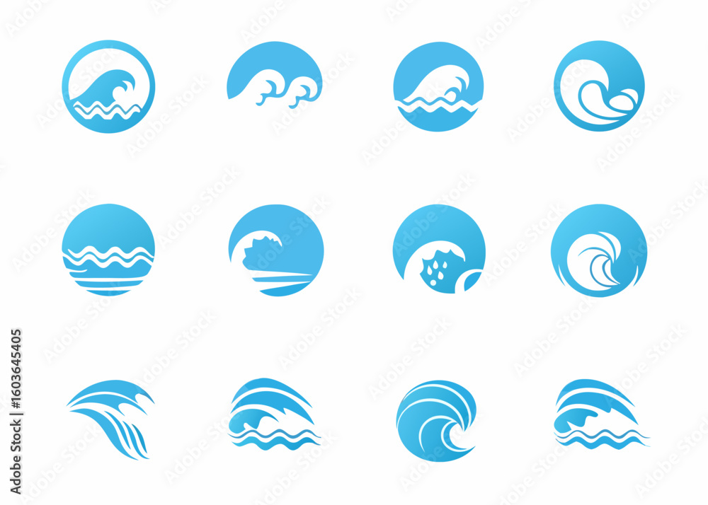 Poster vector collection of twelve blue wave icons inside circles and without circles on a white background