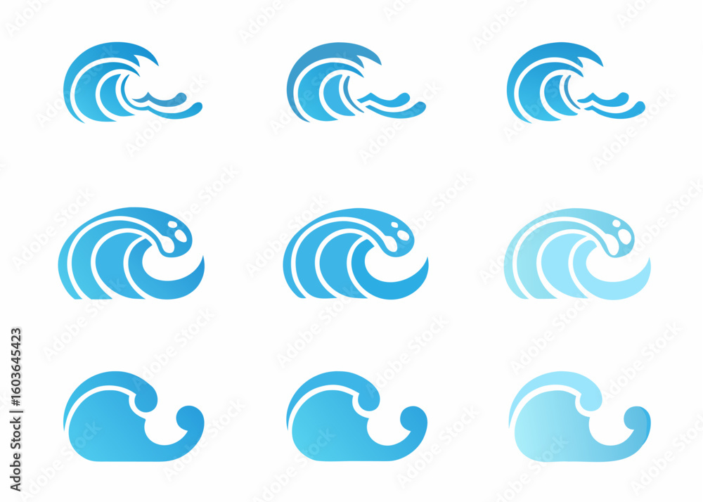 Poster vector collection of nine blue wave icons in varying styles and shades on a white background arrange