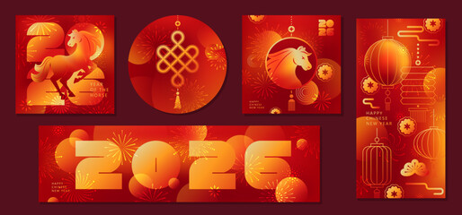 Chinese New Year  vector cards. 2026 year of the Horse. Lunar new year concept. Geometric modern design with abstract forms, gradients, horse, lantrerns, fireworks. Design for calendar, cover, flyer.