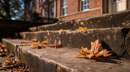 Fallen orange maple leaf on old concrete stairs in the bright autumn sun.