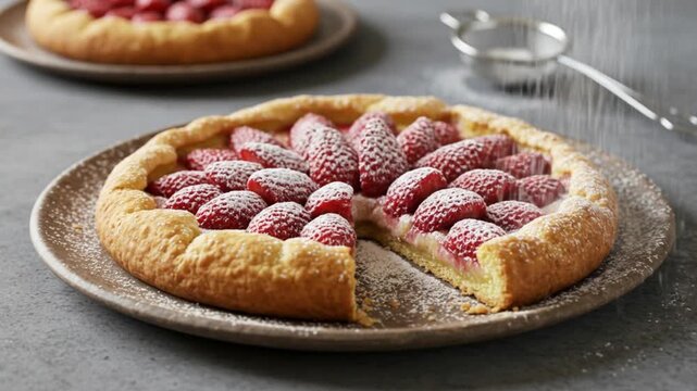 Strawberry galette on a plate dusted with powdered sugar with a sifter visible above