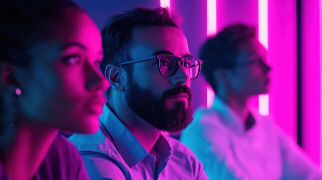 Three people bathed in purple and pink neon light, focusing intently, with a modern and futuristic atmosphere.