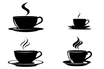 Obraz premium Simple black silhouette of four cups, each steaming with a black saucer under