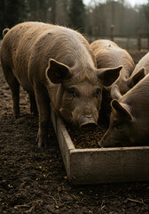 Pigs eating at a trough in a muddy field