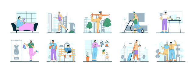 Modern urban life illustrations set. Flat vector illustration.