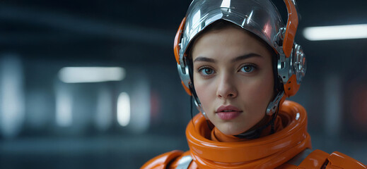 Female Astronaut in Helmet Gazing at Man &ndash; 3D Space Exploration with Double Exposure of Galaxy Mind, Inner Universe, Mindfulness, and AI Consciousness.