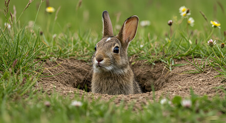 Rabbit peeking from burrow in grassy field